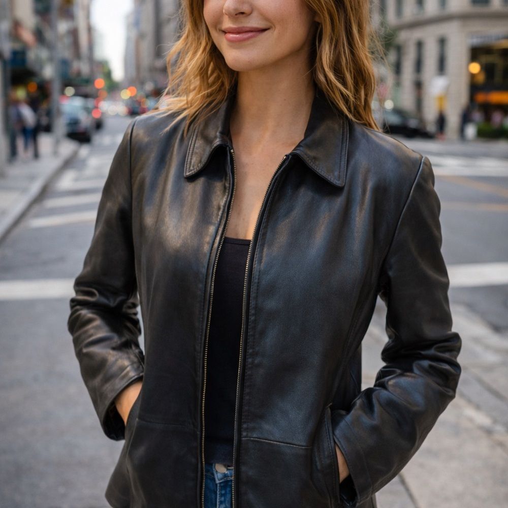 Vintage Sienna Studio leather lined full zip collar pockets jacket Black Large